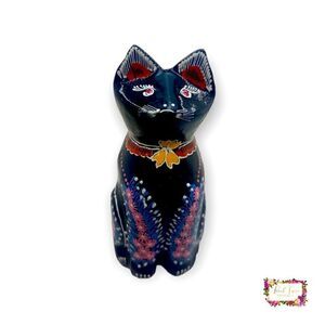 Vintage Lacquer Black Cat Figurine Hand Painted